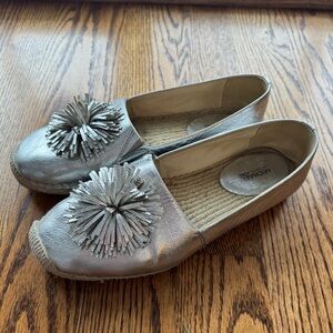 Michael Kors Metallic Silver Espadrille Flats with Pom Pom